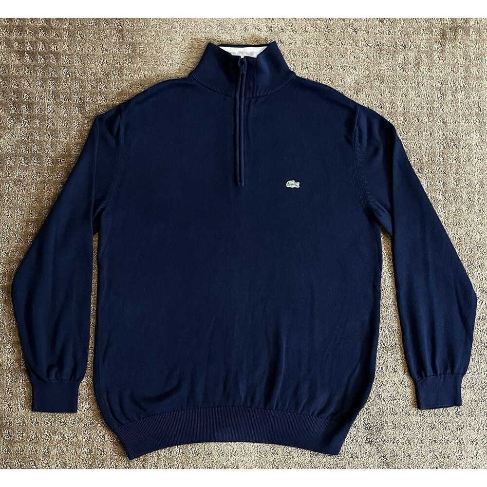 Lacoste Sweater Mens Sz 5 Large Navy Blue Mock Neck 1/4 Zip Cotton Knit Pullover
